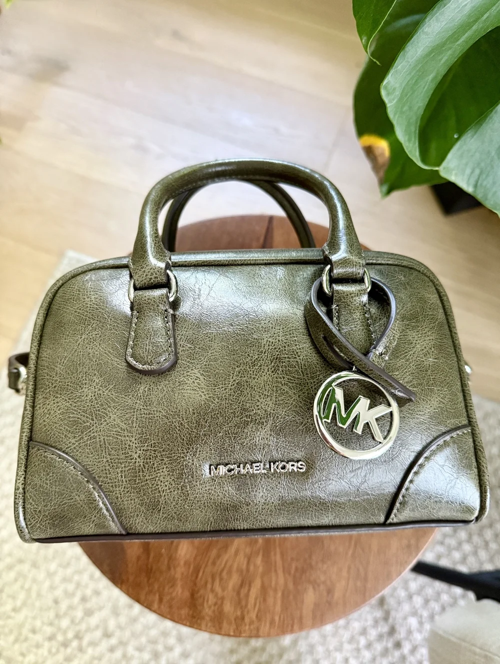 Michael Kors Olive Green Leather Satchel with MK Charm